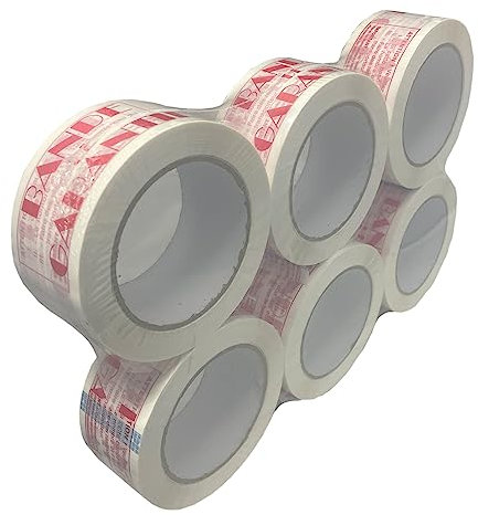 Scotch - Lot de 6 Rubans adhésif manuel Bande de Garantie blanc et rouge - 48 mm x 100.00 m (36% de plus que les 66 mètres), 28 µm - Pour Boite D'Emballage Et Cartons. Peu Bruyant Et Très Compact