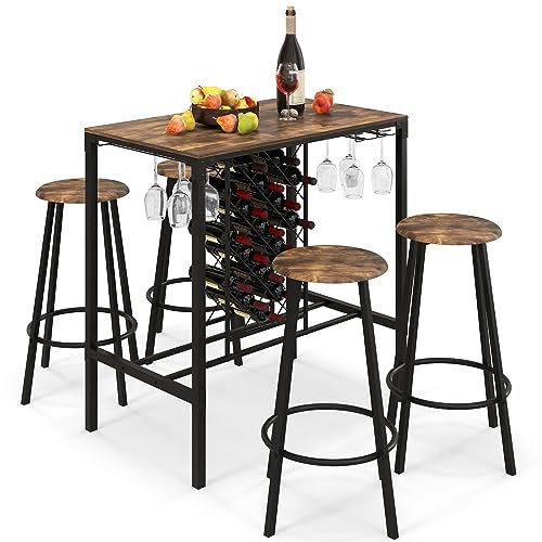 HOMASIS Bartisch-Set mit 4 Barhockern im Industriestil, Hochtisch Set mit Getränkehalter, Flaschenhalter & Fußstütze, Essgruppe aus Holz & Metall, 5-teilige Sitzgruppe Set für Küche, Wohnzimmer, Braun