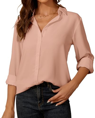 SPRING SEAON Womens Blouse Long Sleeve Chiffon V-Neck Button Down Shirt Casual Office Work Tops for Ladies