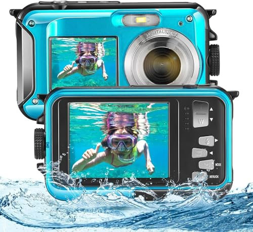 Biebuxo Unterwasserkamera Full HD 2.7K 48MP 16X Digitalzoom wasserdichte Kamera Kinder 10FT Unterwasser Kamera Doppelte für Selbstauslöser Unterwasser, Schwimmen, Urlaub