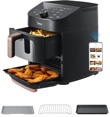 Midea Heißluftfritteuse Double Stack, übereinander Airfryer, Smart WIFI Sync mit Alexa,11L XL Vertikalem Platzsparendes Design, 10 in 1 Basket Grillpfanne Backen für 3-8 personen,2400w