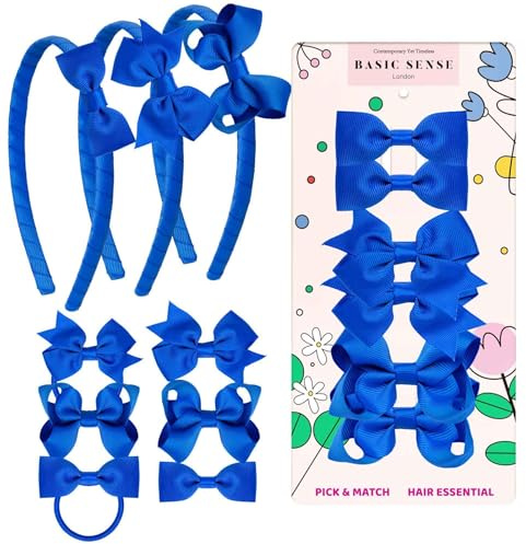 Basic Sense School Hair Accessories Set with Bow Alice Bands, Alligator Clips & Elastics for Girls, Royal Blue