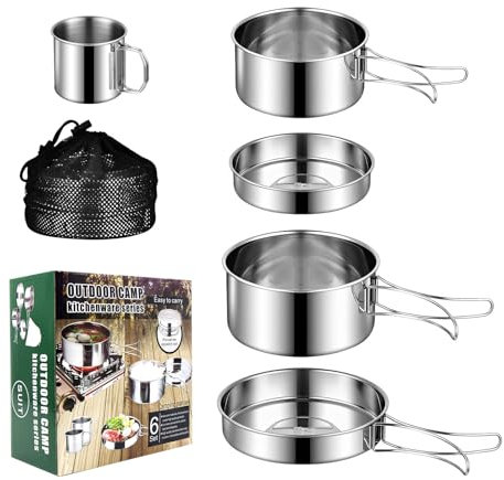 KUIRUNRX® Set di Pentole da Campeggio, Set di Stoviglie da Campeggio, Set di Posate Pieghevoli per Esterni, Per Campeggio, Attività All'aperto, Escursioni, Picnic(Set da 5 pezzi)