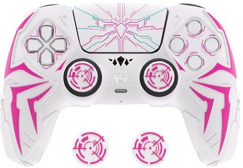 PlayVital Design for ps5 Controller Silicone Case with 2 Thumb Grips and 6 Sticker, Cyber Spider Design, Slip-resistant Shockproof Controller Cover Skin, Fits for Charging Dock, White & Pink