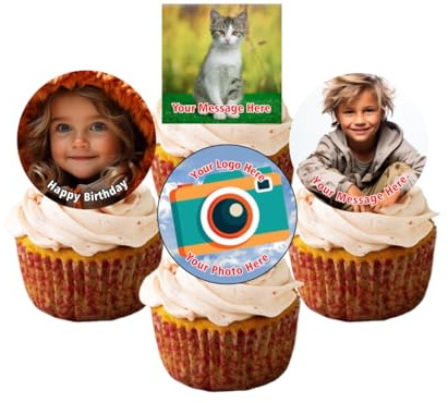 PRE CUT Edible Personalised Photo/Your Logo Cupcake Toppers Premium Wafer Paper Custom Cake Topper (14 x 2 inch Discs)