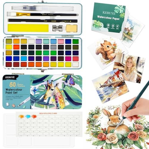 Watercolour Paint Set with 50 Colours - Watercolor Paint in Portable Box - Watercolour for Children, Adults, Travel, Glitter Watercolours Including Drawing Pen, Brush, and Pencil for Artists and
