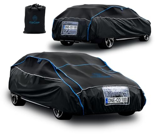 OneCover Premium Auto Hagelabdeckung mit 4 mm Polsterung, wetterfest, atmungsaktiv, mit Reflektoren, Kennzeichenfenster, Spanngurte – Der Ganzjahresschutz für Dein Auto (Größe M)