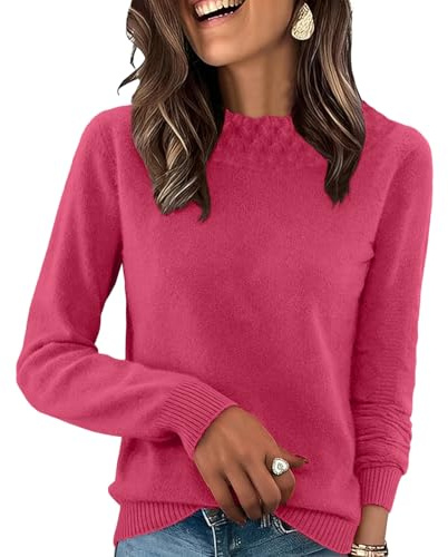 Generisch Maglione da donna con scollo rotondo, comodo, in tinta unita, per inverno, elegante, caldo, casual, da donna, 01 rosa., M