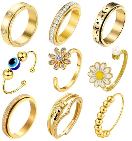 MLPKOI 9 st dam anti-stress ring, svängbara damringar, anti-stress ringar, ring ångest spinner fidget ring för kvinnor flickor män (guld)