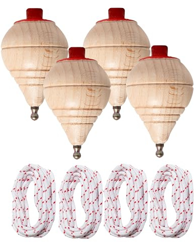 Peonzas niños de Madera clásica con Cuerda - Juego Manual para niños con Punta giratoria - Pack a Elegir 1/2/4/6/8/12/16/24 - Peonza clásica Madera - Trompo Spinners Perinola (4 peonzas)