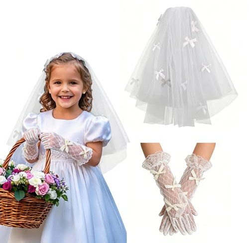 SwirlColor Ragazza velo sposa e guanti set, ragazze nuziale arco velo guanti di nozze bianco velo per bambini matrimonio fiore-ragazza costume prima comunione Halloween decorazioni di festa