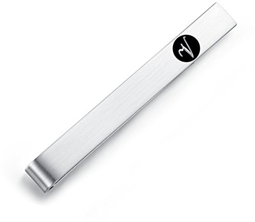Honey Bear Clip Pasador de Corbata -Carta Inicial Alfabeto Talla Normal para Hombre Necktie, Acero Inoxidable,Boda Negocio Regalo,5.4cm,Cepillado Plata con Letra Negra (V)