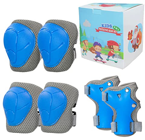 LANOVAGEAR Barnens Knäskydd Handledskuddar, Barns Skyddsutrustning Set för 2-8 år, Ställbara knäskydd Armbågsskydd Handledskuddar för Skateboard Skoter Cykling Skridskoåkning Rullskridskor (blå, S)