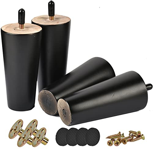 Btowin 15cm Holz Möbelfüße, 4 Stück Schwarz Massivholz Tischbeine Möbelbeine mit vorgebohrten M8 5/16 Bolzen & Montageplatten & Schrauben für Schrank Sofa Bett Ottomane