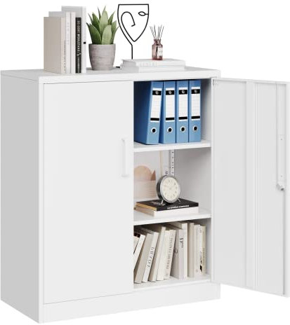 MIIIKO Metal Storage Cabinet with Locking Doors, White Metal Cabinet with Lock for Home Office, Office Bathroom Furniture of Metal for Garage, Utility Room, Kitchen and School