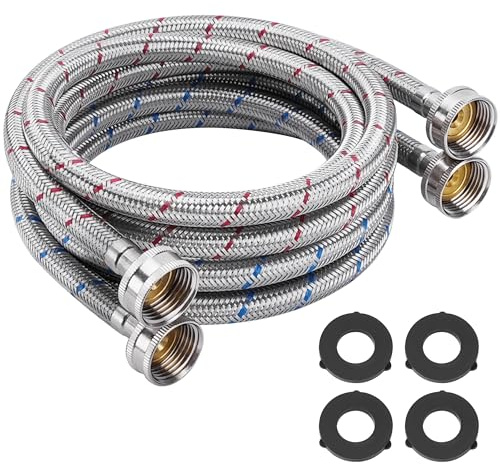 6 fot tvättmaskinslangar i rostfritt stål 3/4 tum NPT-anslutning röd och blå fläta vattenledningar av Fetechmate varma och kalla premium tvättslangar (2-pack) - 10 års garanti