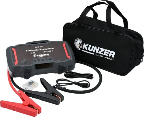 KUNZER MPB300 Startgerät Kompressor - LiPo 12 Volt 600 A - Auto oder Motorrad starten - Schwarz - mit LED und Powerbank