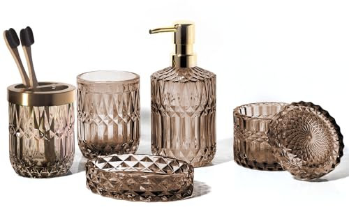 EMPO 6-teiliges Badezimmer-Zubehör-Set aus klarem Glas (Lotion-Seifenspender, Seifenschale, Zahnbürstenhalter, Becher, Wattestäbchen-Glas), Moderne Dekoration, Kristall-Vintage-Geschenk (Braun)