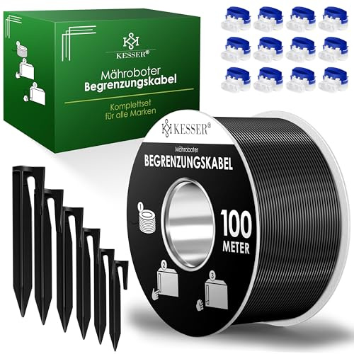 KESSER® Begrenzungskabel 100m + 350 Erdspieße + 12 Kabelverbinder für Mähroboter Rasenmäher Rasenroboter Zubehör Set Begrenzungsdraht Universal kompatibel mit Gardena/Bosch/Worx/Einhell/Honda/ROBOMOW