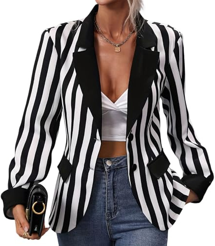 OBEEII Blazer elegante de rayas blancas y negras para mujer, manga larga, con estampado a rayas frontal abierto, informal, chaqueta de negocios, Negro , M