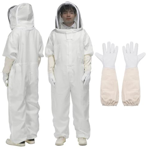 sourcing map Bee Suit for Men Women XXL Beekeeping Suit Outfit with Gloves and Veil Hood (Jacket, Pants, Gloves) Bee Suits for Adult Backyard Professional and Beginner Bee Keeper,White
