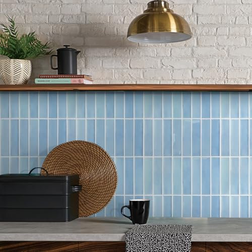 COMSTICKC Azulejos Adhesivos Cocina Azul, 10 Piezas 30.5 x 30.5 cm, Azulejos Autoadhesivos 3D, Baldosas Adhesivas de Vinilo para Salpicadero en Cocina y Baño, Impermeables, Extraíble