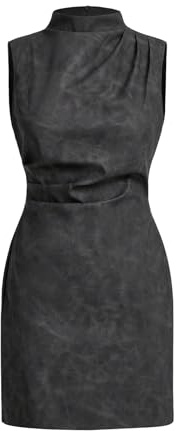 RoseSeek Women's PU Leather Ruched Bodycon Dresses Mock Neck Sleeveless Zipper Mini Tank Dress Dark Grey Small