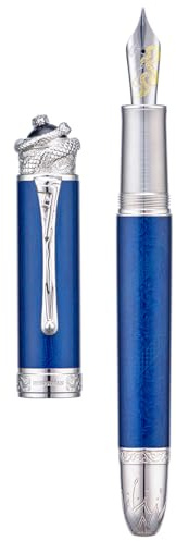 HONG DIAN Pluma estilográfica de pistón N25, diseño de serpiente de punta fina con diseño de tallado estereoscópico con caja de metal (azul océano)