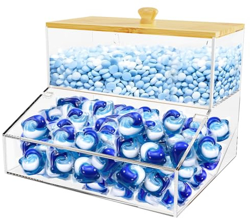 JYPS Laundry Pods Storage Container, 2 Tier Dryer Sheet Holder with 2 Lid, Stand or Wall Moun Laundry Storage, Laundry Room Washing Powder Dispenser for Washing Pods/Capsules/Coffee Pod
