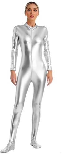 Riismen Damas Traje Entero Metálico De Cuerpo Entero Manga Larga Mono Bodysuit Monopiece Jumpsuit Disfraz De Carnaval Plata L