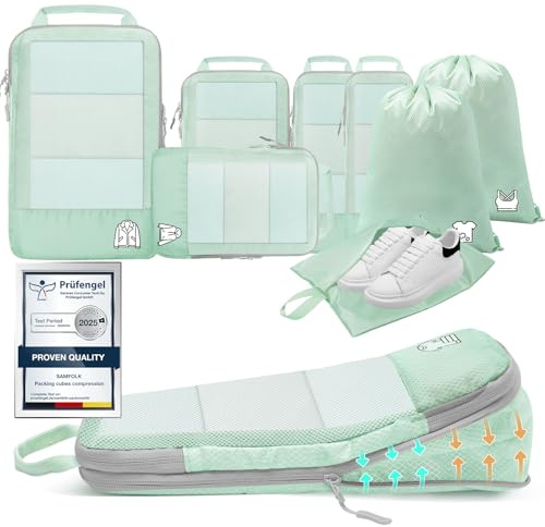 8 Pezzi Compression Packing Cubes, Organizer per Valigia a Compressione, Cubi da Imballaggio, Borse da Imballaggio per Zaino, Organizzatore per Viaggi, Colore Menta