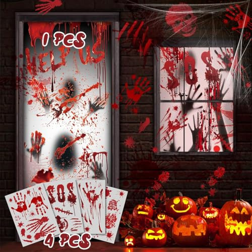 Pegatinas para ventanas y puertas de Halloween, decoraciones para fiestas de terror de Halloween, calcomanías de pared con huellas de manos y pies sangrientos y aterradores, accesorios de Halloween