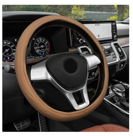 Sbulhia Car Steering Wheel Cover, Elastic Breathable Steering Wheel Protector with Anti-Slip Lining, Comfortable Grip Leather Wheel Cover Car Interior Decoration for Women Men (Beige)