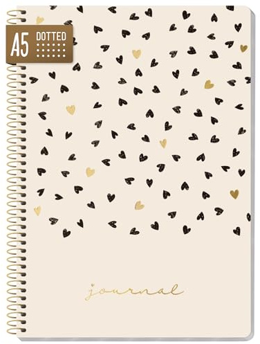 paper&you® Dotted Journal A5 avec reliure à spirale Golden Hearts 160 pages, carnet de notes à pois, bloc-notes collège - durable & respectueux du climat