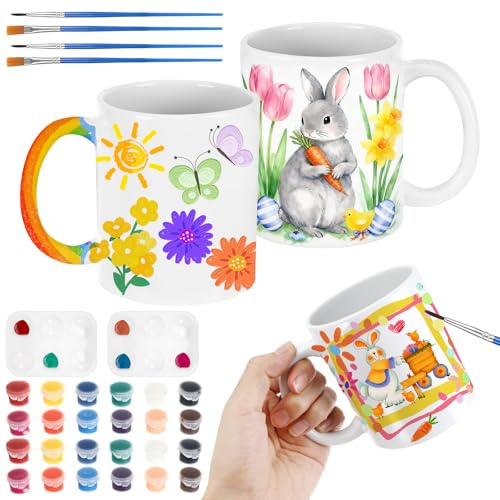 Zippicks Juego de Pintura de Cerámica, Kit de Pintura de Cerámica Incluye 2 Tazas, 4 Pinceles, 24 Colores, 2 paletas, Kit de Manualidades para Adultos y Niños
