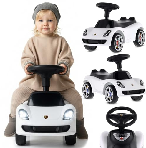 sun baby Macchina cavalcabile per bambini da 18 mesi – Porsche Carrera GT – volante con pulsanti, fari, adesivi realistici, fino a 30 kg, bianco