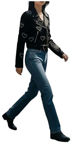 HiFacon Chaqueta de motociclista de cuero prémium con forma de corazón para mujer, ajuste entallado, asimétrica, para motocicleta, Negro - piel sintética., M