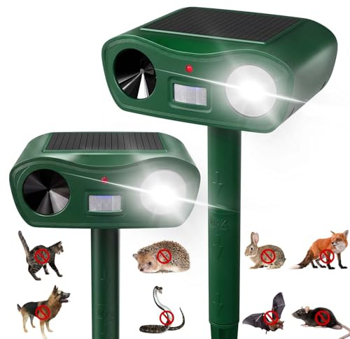 Répulsif à ultrasons Solaire pour Animaux avec lumière stroboscopique – Anti-Taupes, répulsif pour Chats de Jardin – Efficace Contre Chats, Chiens, fouines, Oiseaux – Lot de 2 pièces