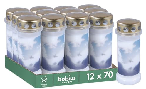 Bolsius Lumini Funerali – Bianco – Set da 12 pezzi – Lunghezza Durata 70 Ore – Candela Funebre & Memoriale – Bruciatore Permanente – Con Motivo – Cielo - Non Profumato – Senza Olio di Palma – Nr. 6