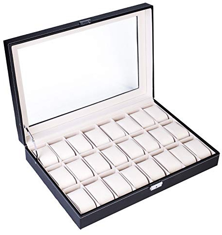Watch Box 24 Slot Elegant Portable Black Watch Collection Box Case Organizer for Storage Display Holds Watches Jewelry for Men & Women