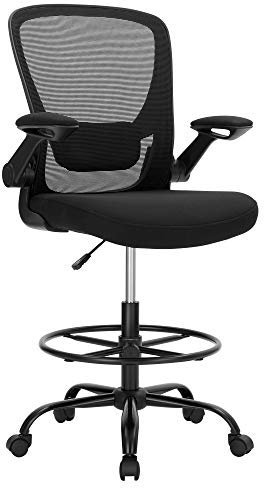 SONGMICS Drafting Chair with Flip-up Armrests, Mesh Office Chair, Ergonomic Painting Chair with Height Adjustable Lumbar Support and Footrest, for Standing Desk, Bar Counter, Black OBN026B02