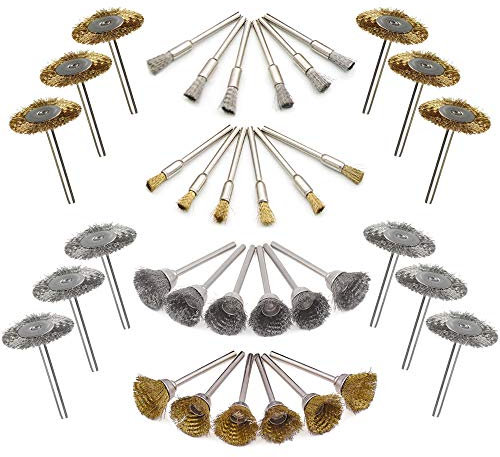 Mesee 36 Stück Stahlbürsten-Set, Mini Drahtbürste Bohrmaschine Edelstahl Polieren Kit, mit 3mm Shank Polieren Reinigung Rotationswerkzeuge für Rotary Tools (Pen Typ + Flat Type + Bowl Typ)