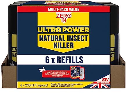 Zero In Ultra Power Natural Insect Killer Refill- 200 ml Aerosol (6-Pack) Value Pack Kills Flies, Cluster Flies, Fleas, Bed Bugs and more Use in Homes, Lofts and Outbuildings