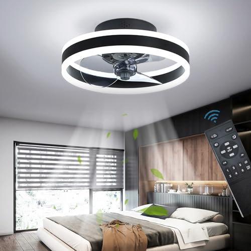 OMGPFR Reversible Plafonnier Ventilateur Silencieux Telecommande 6 Vitesses Chambre Ventilateur de Plafond avec Lumiere Moderne Salon 24W Dimmable LED Ventilateur de Plafond, Noir 40CM