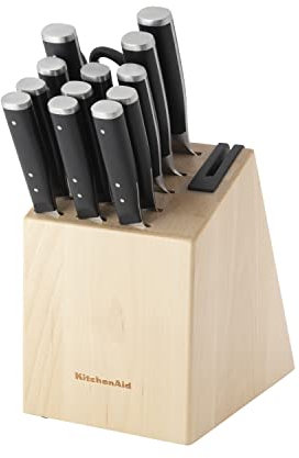KitchenAid Gourmet Forged Triple Rivet Knife Block Set with Built-in Knife Sharpener, Japanese Stainless Steel Kitchen Knives, Sharp Kitchen Knife Set with Block, Birchwood, 14-Piece