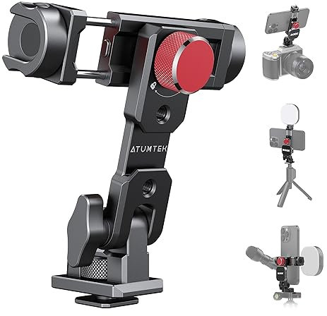 ATUMTEK Handy-Stativhalterung aus Metall, universeller Smartphone-Halterungsadapter Aluminium mit 3 Zubehörschuhen, 1/4-Zoll-Schraubbefestigung, Arca,1 umwandelbaren Zubehörschuh-Adapter 360°und 145°
