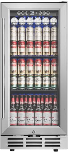 Icyglee 15'' Beverage Refrigerator Cooler - 126 Cans Under Counter Beverage Fridge with LED Light, Built-in Design, Wine Cooler for Home/Kitchen