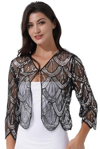 Xnihocha Abito da donna con paillettes bolero corto a maniche a 3/4, giacca a spalla per feste, casual, per matrimonio, argento, Taglia unica