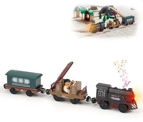 Train Toy Set for Wooden Track - 3 Pcs Magnetic Retro Battery Operated Train for Wooden Track with Human Figure Light Up Electric Train Toys for 3 4 5+ Years Old Kids Birthday Christmas