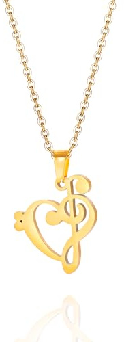 SIPURIS Collier avec pendentif en forme de cœur en forme de note de musique pour femme en acier inoxydable - Cadeau pour les amateurs de musique, One Size, Acier inoxydable, Pas de gemme